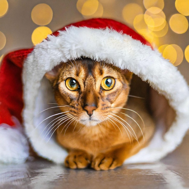 Una cola de nuevos comienzos El gato abisinio lleva el sombrero de Papá Noel para el Año Nuevo