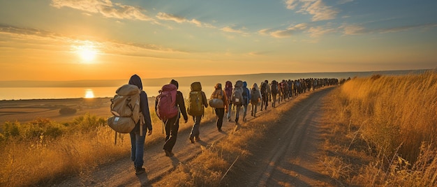 Una cola de trabajadores migrantes paseando