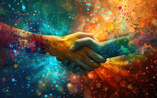 Colaboração Cósmica um aperto de mão contra uma vibrante explosão cósmica de cores e partículas