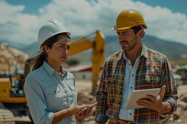 Foto colaboração de equipa diversa em projeto imobiliário inspetora feminina hispânica e gerente masculino caucasiano coordenam a construção em um local ensolarado