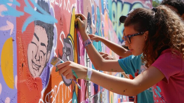 Colaboração em um mural de paz por artistas jovens no Dia Internacional da Juventude