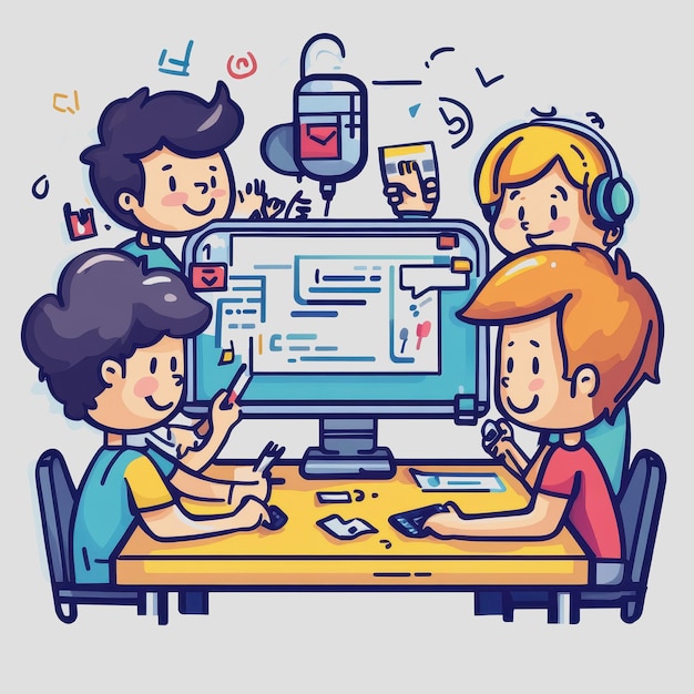 Colaboración creativa en equipo al estilo de dibujos animados que ilustran a jóvenes profesionales involucrados en la comunicación digital y el desarrollo tecnológico