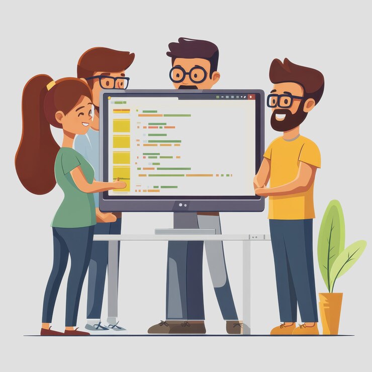 Foto colaboración en equipo en el entorno de desarrollo de software con programadores discutiendo código en una pantalla grande en un entorno de oficina moderno