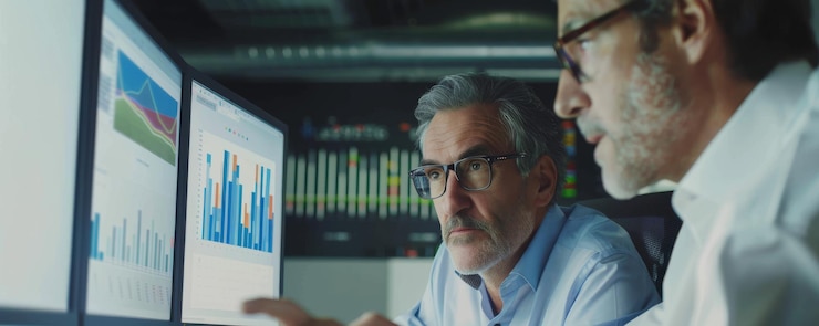 Foto colaboración estratégica empresario y asesor financiero revisando gráficos para un proyecto competitivo en monitor