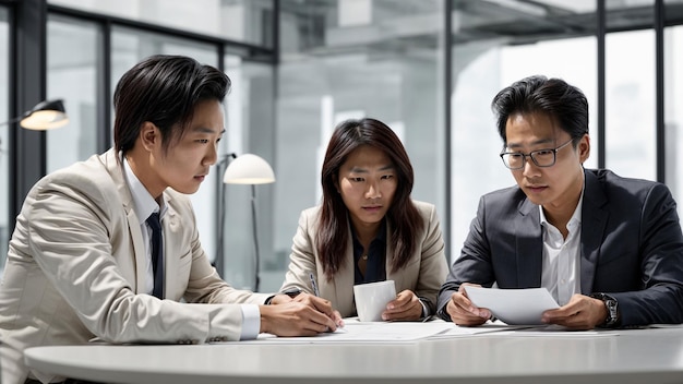 Colaboración innovadora Capture un momento de tres profesionales de negocios asiáticos comprometidos en una creación