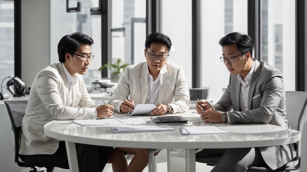 Colaboración innovadora Capture un momento de tres profesionales de negocios asiáticos comprometidos en una creación