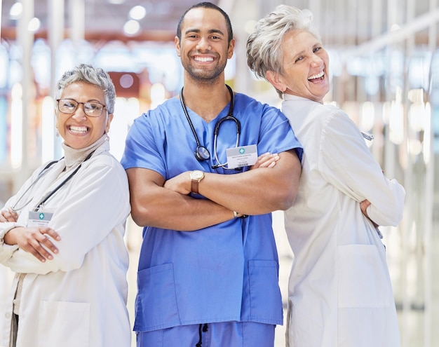 Colaboración médico y atención médica con los brazos cruzados en el retrato en el hospital sonrisa y risa para el liderazgo Trabajo en equipo profesional médico y grupo feliz en la clínica para el servicio mentalidad positiva