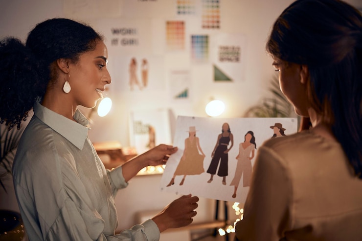 Foto colaboración de moda y noche con un equipo de mujeres negras de negocios discutiendo el diseño en su oficina planificación de reuniones y horas extras con una empleada y colega hablando de estilo