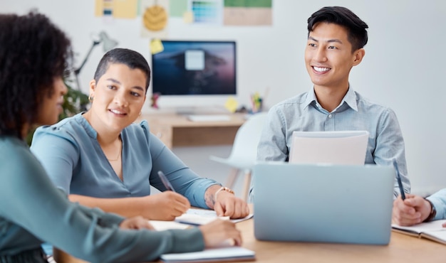 Colaboración de portátiles y equipo de marketing en una reunión en la oficina para planificar un proyecto creativo juntos Feliz trabajo en equipo y gente de negocios trabajando en una estrategia de empresa con ordenador en el lugar de trabajo