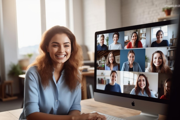 Foto colaboración remota inclusiva empoderada mujer de negocios caucásica participa en una videoconferencia para di