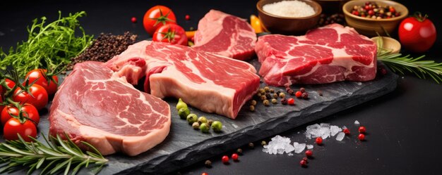 Colage alimentario de varias carnes de res, filetes, carne fresca cruda y generativa