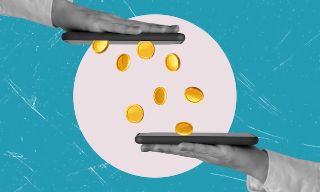 Colage de arte creativo de hombres de negocios con teléfonos inteligentes haciendo pagos en línea inalámbricos
