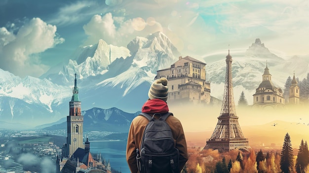 Foto colage creativo de un viaje virtual un hombre con una mochila se encuentra frente a las montañas