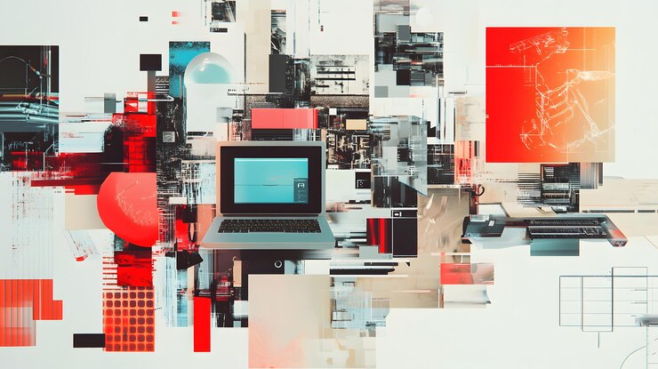 Colage digital abstracto con una computadora portátil y formas geométricas