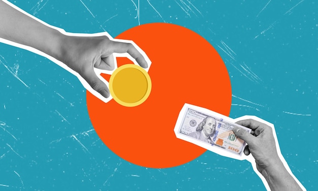 Colage digital de arte contemporáneo Dar y recibir dinero con la mano sobre un fondo azul