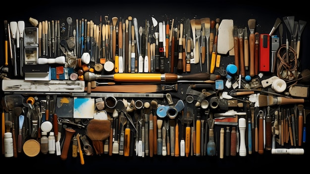 Colage de diversos materiales de arte dispuestos en una composición visualmente llamativa