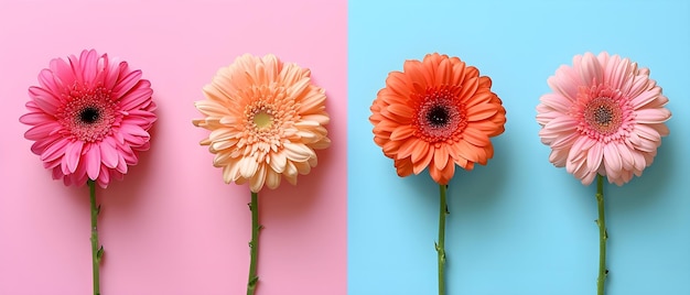 Foto colage con flores de gerbera sobre un fondo rosado y azul