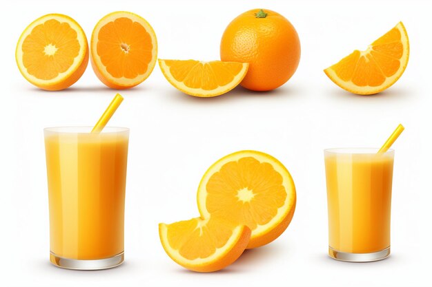 Colage de jugo de naranja y rebanadas de naranjas aisladas en blanco