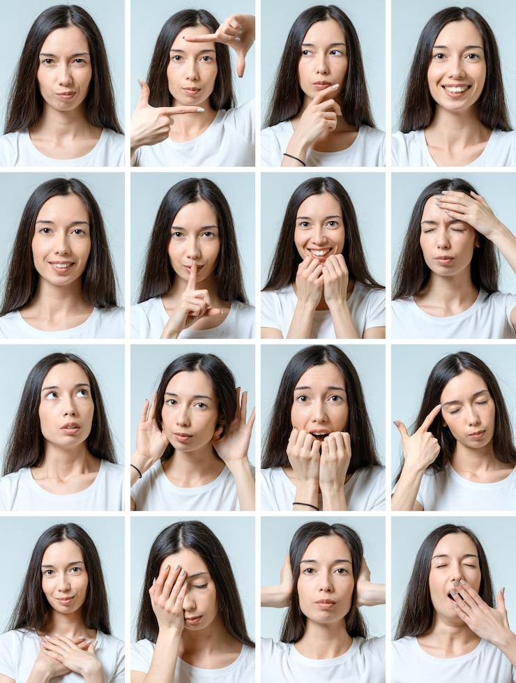 Foto colage de una niña hermosa con diferentes expresiones faciales