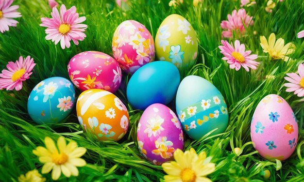 Foto colage de pascua huevos de pascua y flores de primavera felices días de pascua