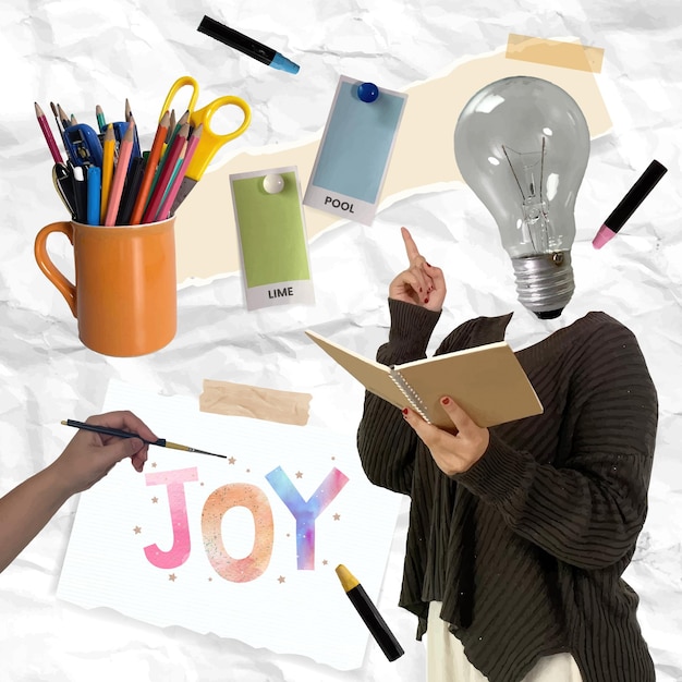 Colage de regreso a la escuela con materiales de arte e ilustración vectorial de inspiración creativa