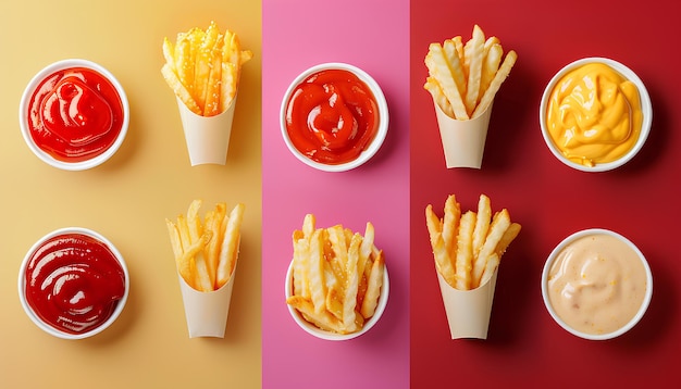 Colage de sabrosas patatas fritas con ketchup y mayonesa en fondo de color vista superior
