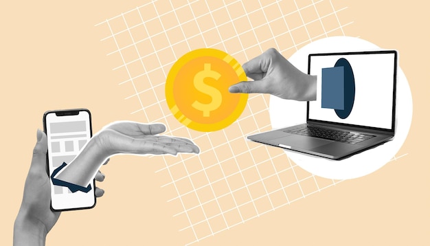Colage sobre el tema del dinero Ahorrar dinero para compras alfabetización financiera mano extiende el dinero Buenas ganancias después de un trabajo exitoso plan de negocios rentable
