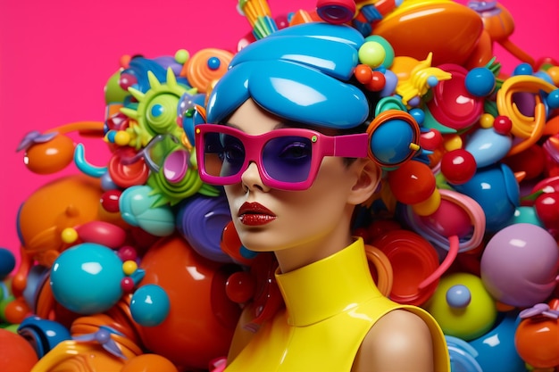 Foto colagem 3d gerada por uma imagem ai de uma linda e deslumbrante fashionista usando roupas de decoração redondas em círculos geométricos
