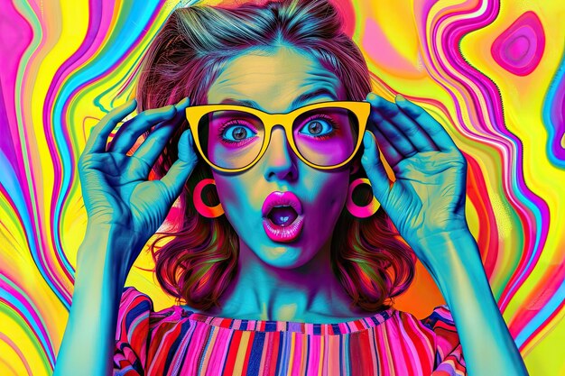 Colagem 3D psicodélica de mulher surpresa com óculos