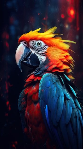 Colagem colorida de papagaios em fundo escuro gerada por IA