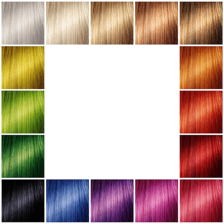 Foto colagem com amostras de cabelo colorido em fundo branco espaço para texto
