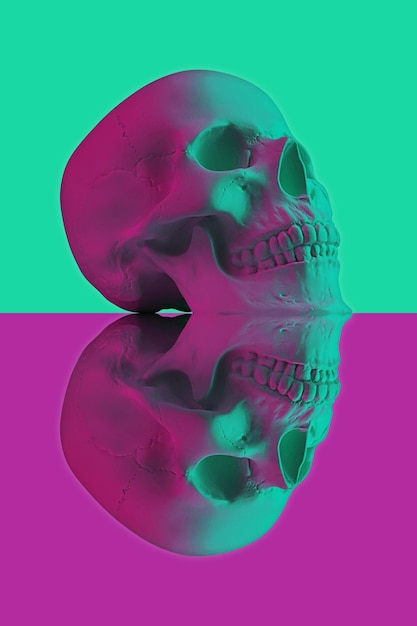 Colagem com cópia de gesso do crânio humano no estilo surrealismo cartaz criativo moderno com cabeça de crânio de homem arte contemporânea design de minimalismo funky punk halloween e dia da morte conceito do méxico