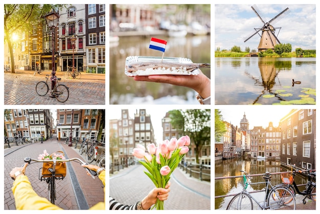 Colagem com diferentes símbolos da Holanda, tulipas, arenque, moinho de vento, bicicletas e canais de água