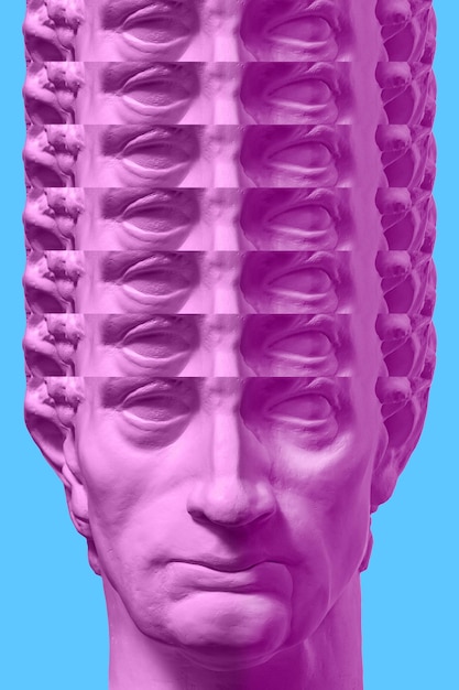 Foto colagem com escultura antiga de rosto humano em estilo pop art imagem de conceito criativo moderno com cabeça de estátua antiga cultura zine cartaz de arte contemporânea minimalismo punk funky design incomum