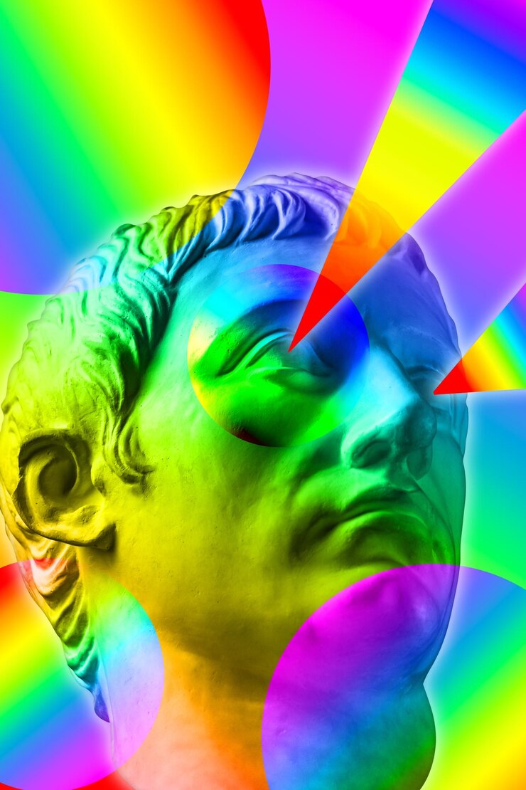 Foto colagem com escultura antiga do símbolo de cores do arco-íris da comunidade lgbt do rosto humano