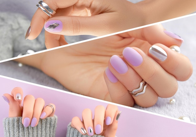 Colagem com mãos femininas com unhas de alfazema fosco e prata manicure e pedicure tendências de design