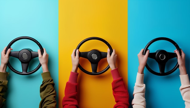 Foto colagem com mãos segurando volantes em fundo colorido