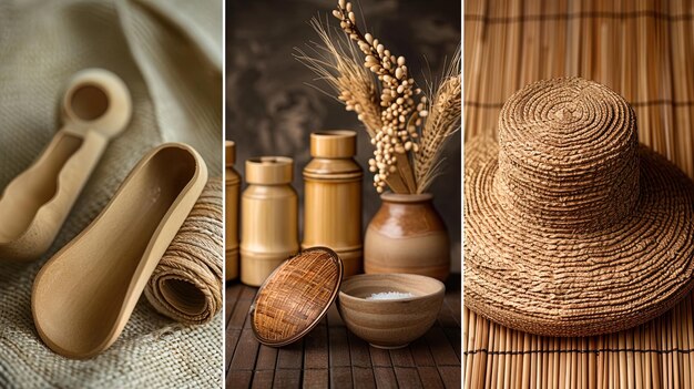 Colagem com produtos de bambu sustentável mostrando sua versatilidade e propeção ecológica