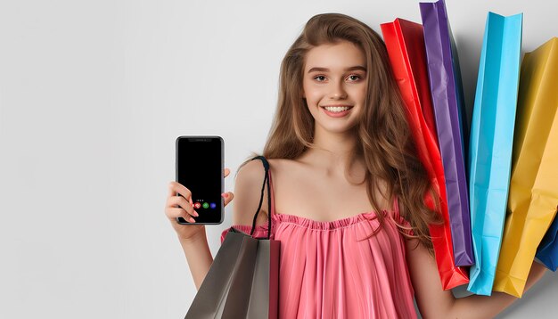 Foto colagem com smartphone e jovem feliz segurando pacotes e sacos de compras em fundo branco