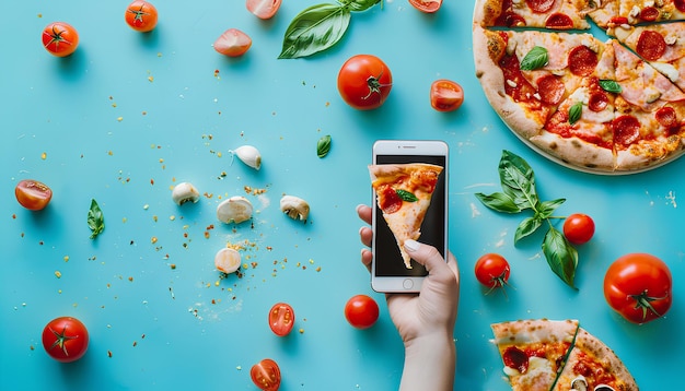 Colagem criativa com a mão tomando uma fatia de saborosa pizza Margarita e telefone celular em fundo azul