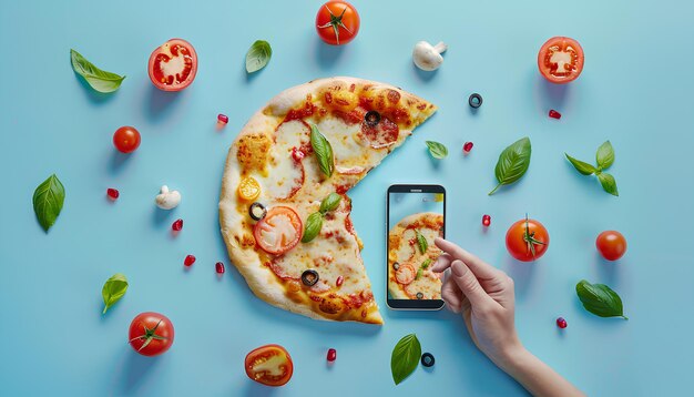 Colagem criativa com a mão tomando uma fatia de saborosa pizza Margarita e telefone celular em fundo azul