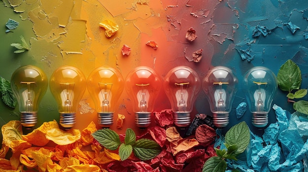 Foto colagem criativa de práticas ecológicas, como a reciclagem e o uso de lâmpadas eficientes em termos energéticos, colorida e educativa