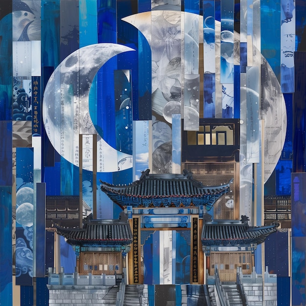Foto colagem de ano novo lunar abstrata com arquitetura tradicional asiática e fases da lua em vários artes