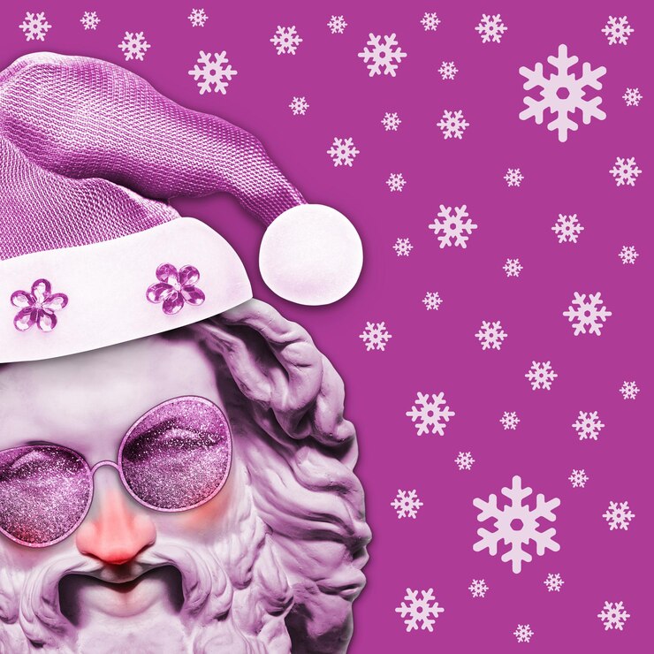 Foto colagem de arte contemporânea com rosto de estátua antiga com nariz vermelho em conceito maluco de decoração de natal funky