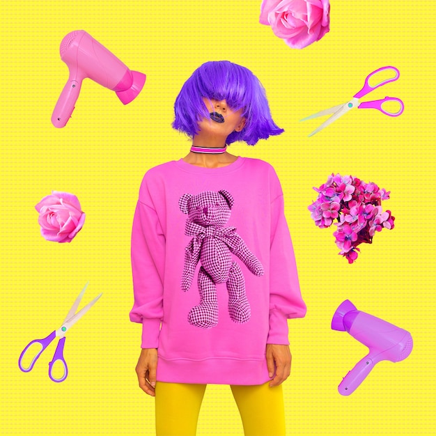 Colagem de arte contemporânea. Conceito de serviços de cabeleireiro. Menina fashion com cabelo roxo estiloso