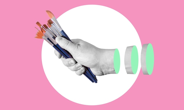 Colagem de arte contemporânea retratando mãos segurando um pincel Conceito de imaginação de criatividade artística
