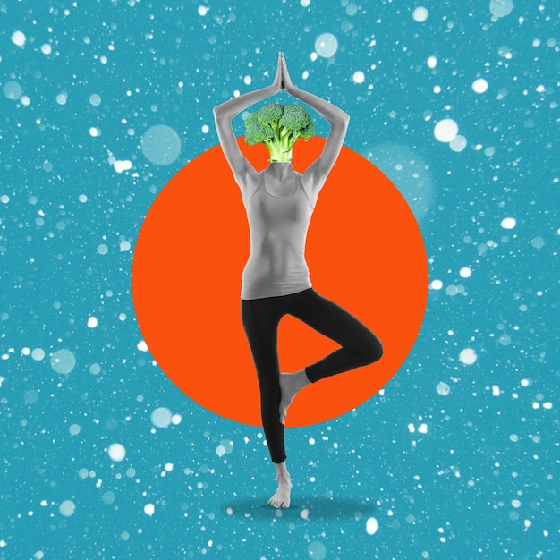 Colagem de arte contemporânea retratando uma jovem de pé em uma pose de ioga isolada