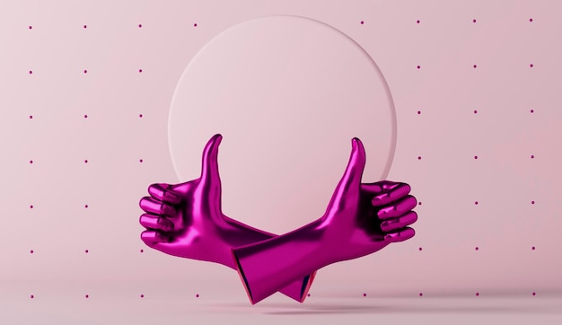 Colagem de arte minimalista contemporânea de renderização 3D em cores rosa neon metálicas ousadas com mãos mostrando como sinal Papel de parede criativo de surrealismo Modelo de design psicodélico com espaço para texto