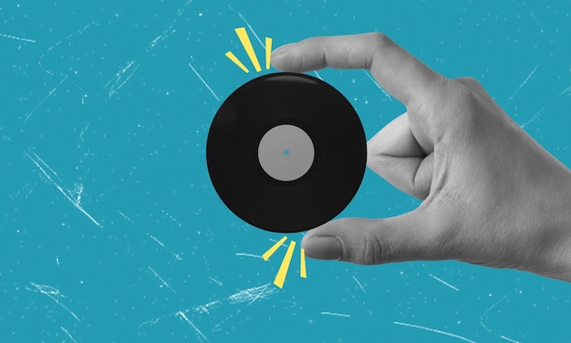 Colagem de arte minimalista contemporânea em vinil e abstrato em mão sobre um fundo azul