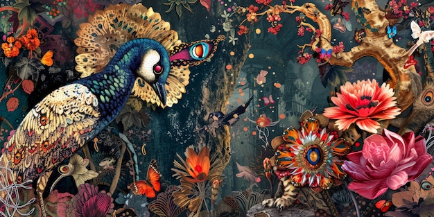 Colagem de arte pop Pássaros na selva Panorama da vida selvagem